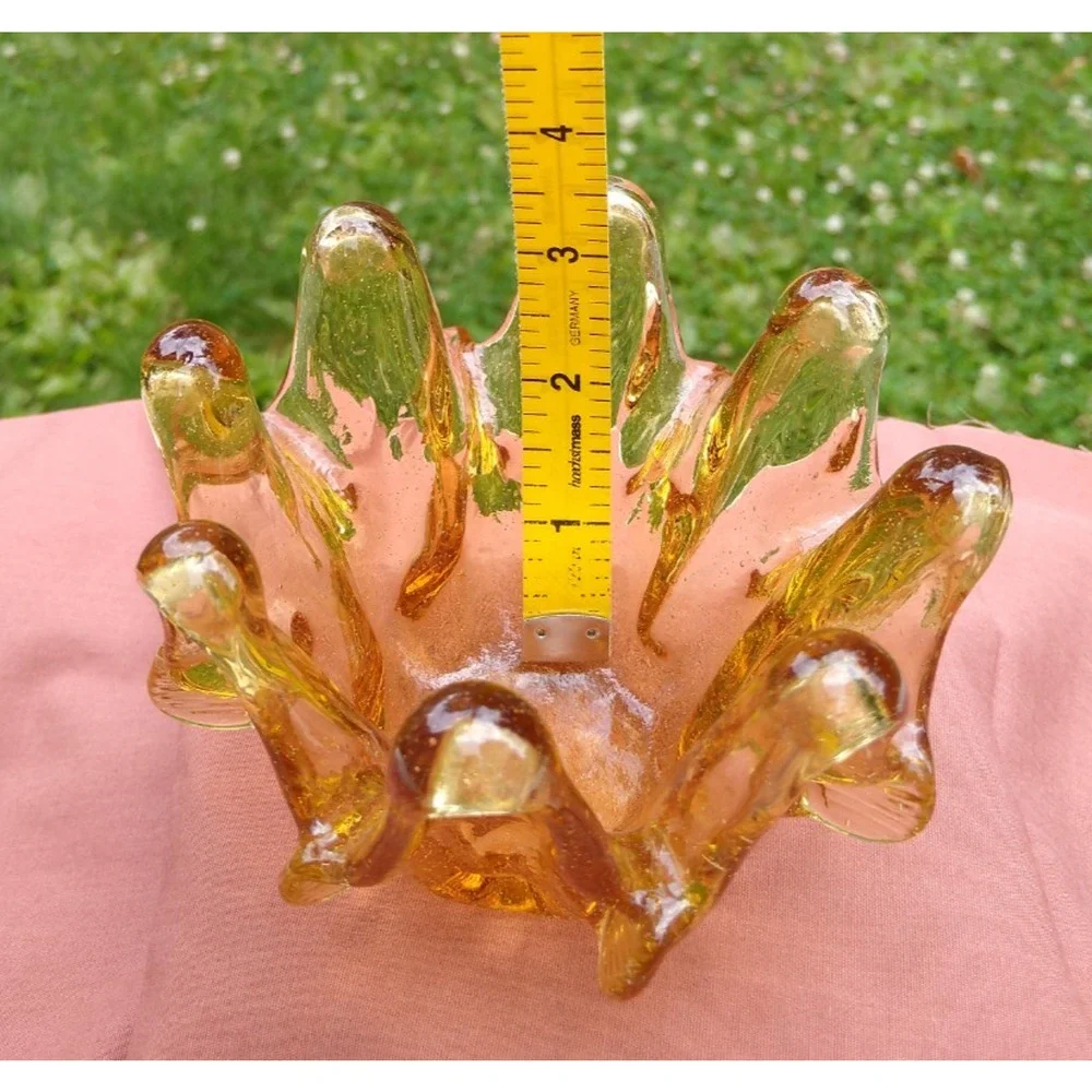 L E Smith Amber Art Glass Swung Bowl 5 Inch Pinched Fingers Simplicity Vintage